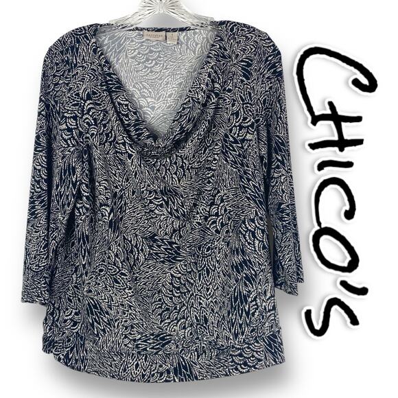 Easywear by Chicos Black Tan Print Cowl Neck 3/4 Sleeve Blouse Womens Size 1(8) - Picture 1 of 11